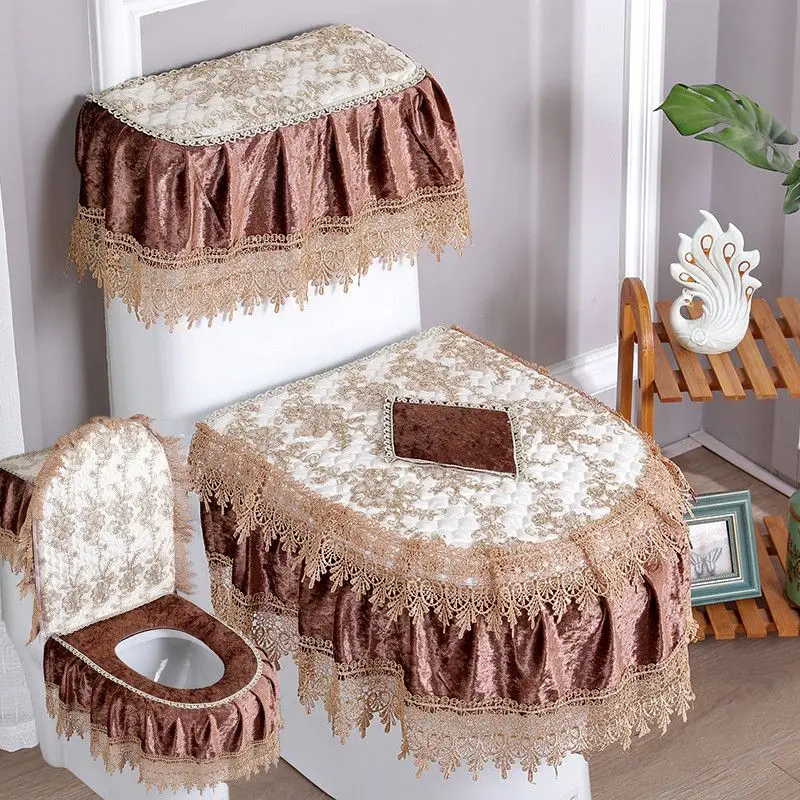 

Four Seasons Gold Velvet Toilet Mat 3 Piece Lace Fabric Zipper Home Toilet Seat Cover Mat Cushion Closestool Cushion Ferrule