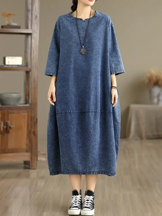 

Ретро джинсовая юбка А-силуэта с круглым вырезом и длинными рукавами, свободного кроя, для женщин больших размеров, для повседневной носки, осенняя, хлопковая