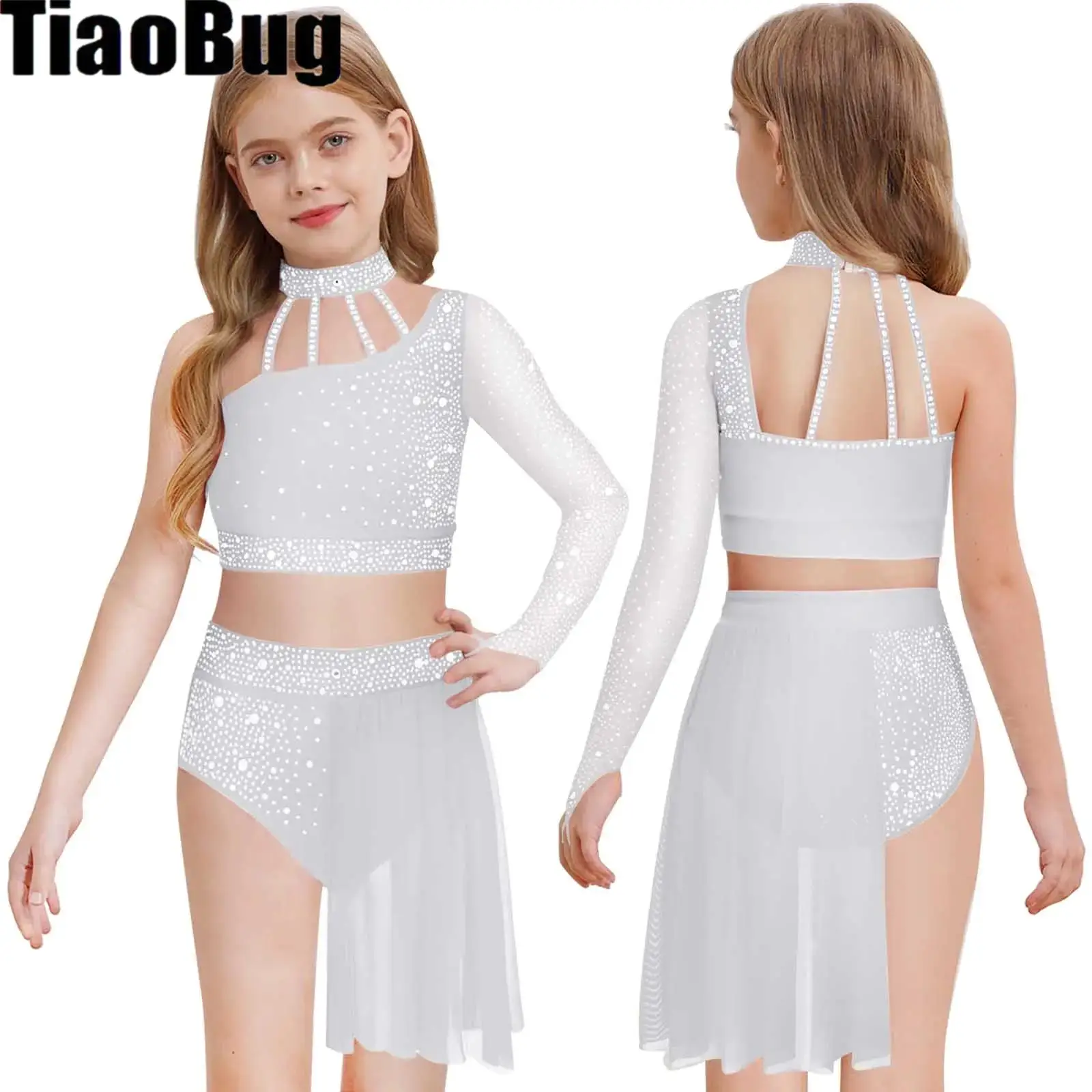 Kids Girls Modern Ballet Dance Outfit One Shoulder Sheer Mesh Long Sleeve Shiny Rhinestone Crop Top with Irregular Skirt
