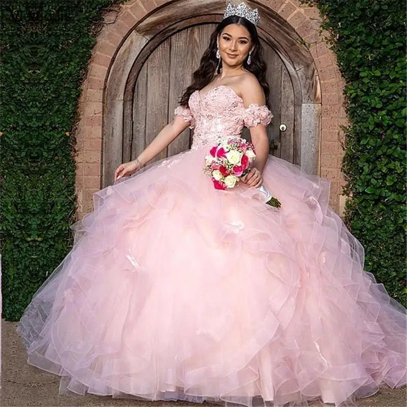 

Detachable Sleeve Light Pink Quinceanera Dresses 2021 Sweetheart Tiered Party Princess Sweet 15 Ball Gown Sequins Beads