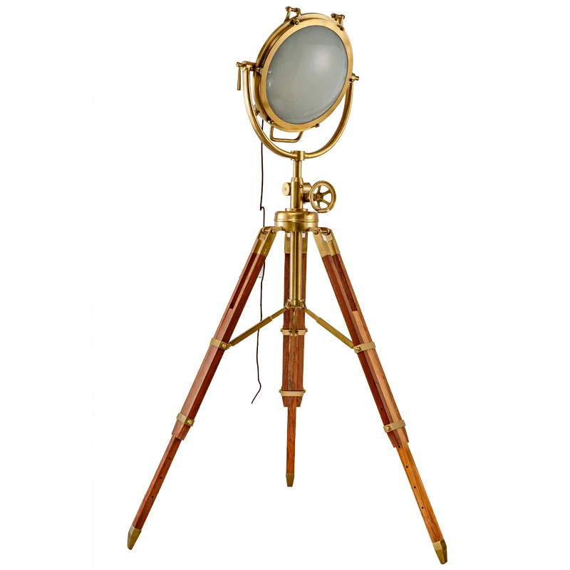 Luxury Chinese Antique Brass Studio Nautical Searchlight Spotlight Rose Wooden Tripod Lighting Floor Light