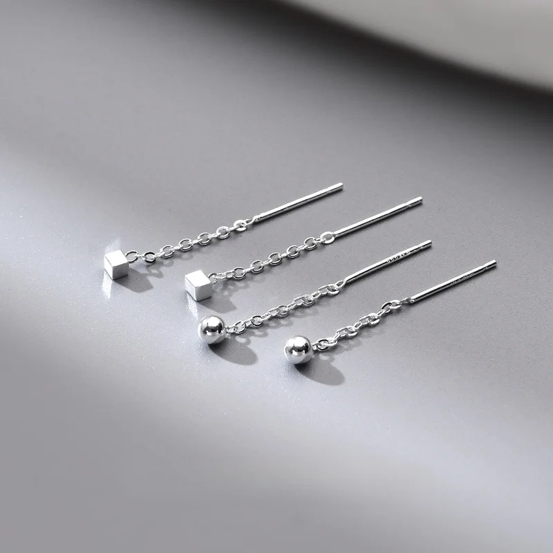 999 Sterling Silver Geometric Dot Square Threader Stud Set – Trendy Fine Jewelry for Women