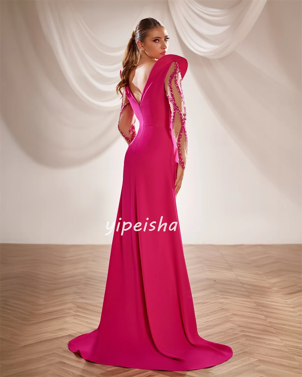 Personalizado de alta qualidade brilho jérsei beading plissado em linha reta colher pescoço vestidos longos sob medida vestidos de ocasião tamanhos disponíveis