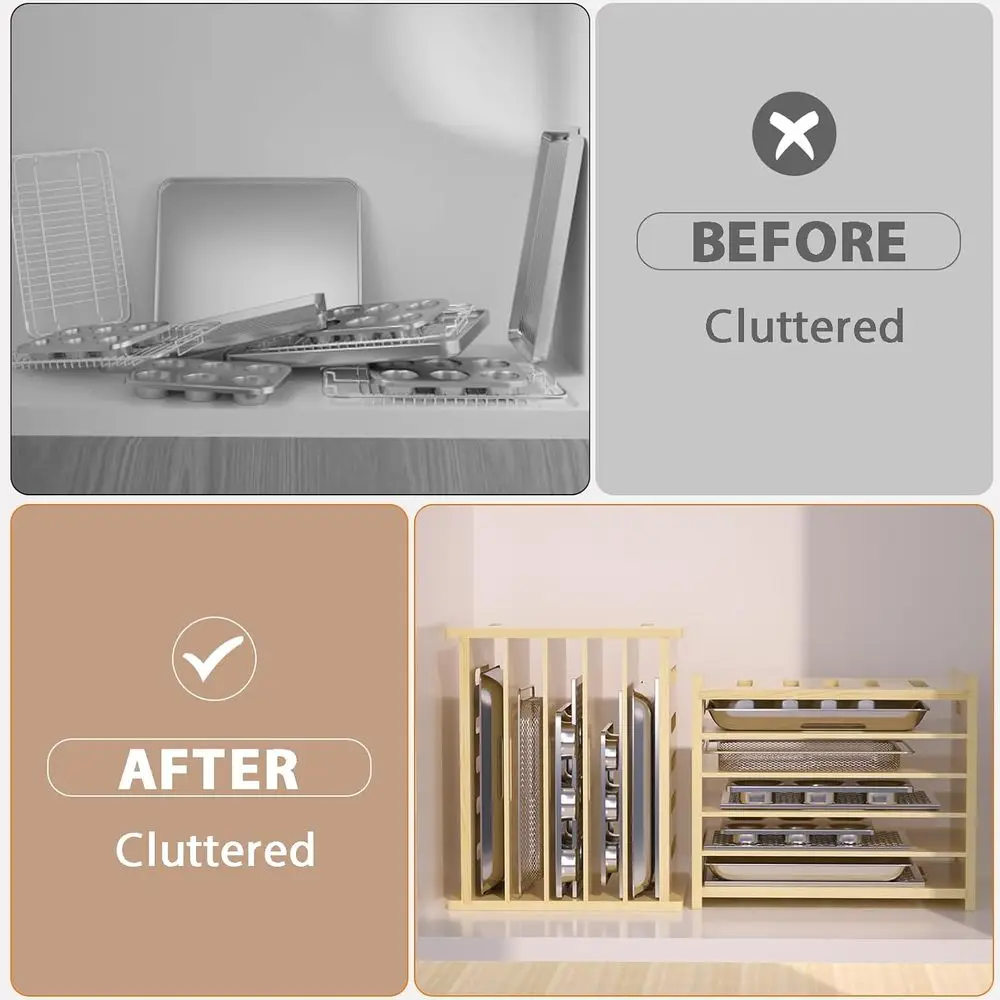 Divisores de bandeja de madeira para armários de cozinha, organizador de cozimento, soluções de armazenamento de panelas e frigideiras