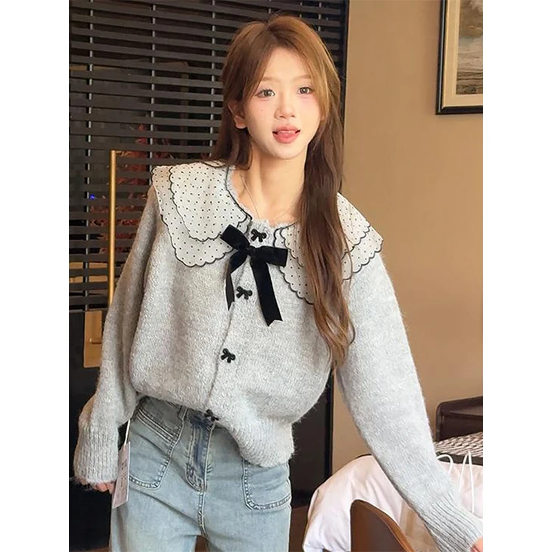 Peter Pan Collar Bow Knitting Cardigan Coat Women Autumn Winter Loose Solid Color Sweater Fashion All-match Sweet Knitwear Tops