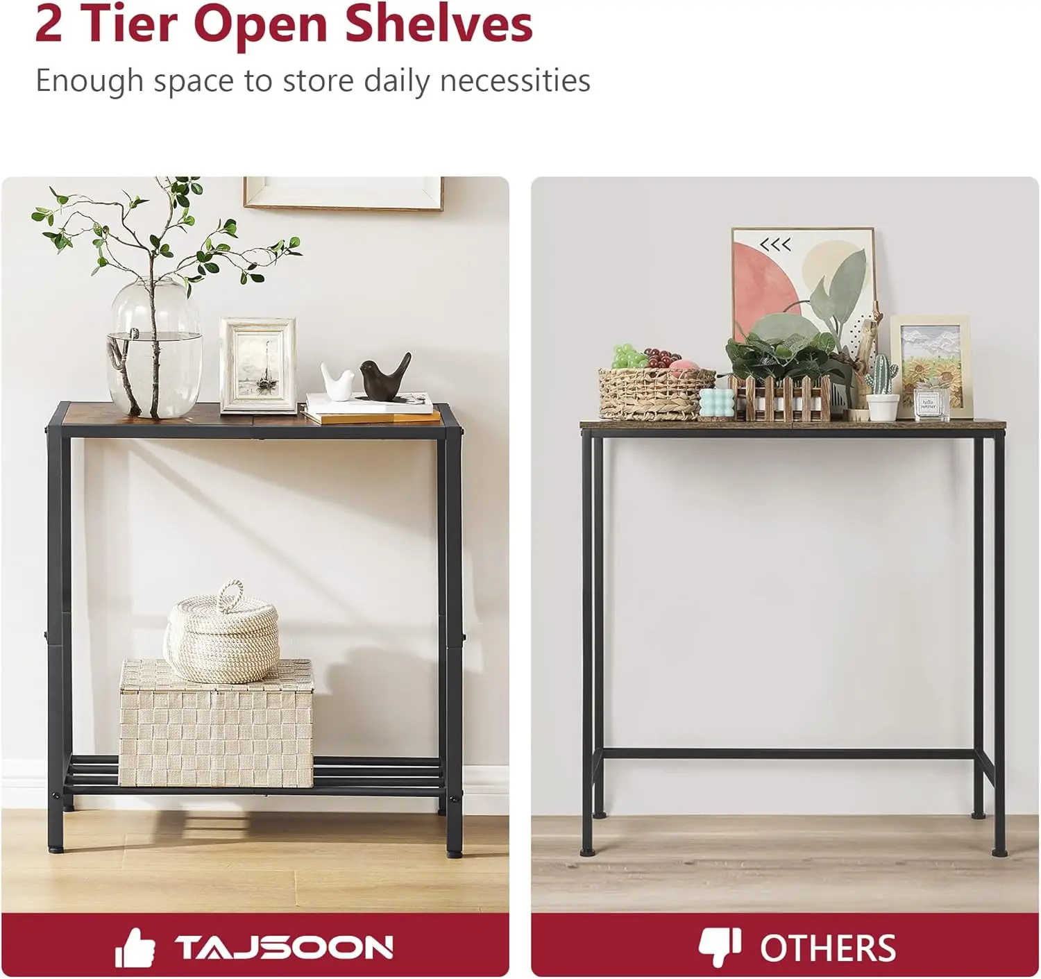 28.3''L Narrow Console Table with 2 Open Shelves, Rustic Brown for Entryway, Living Room, Office