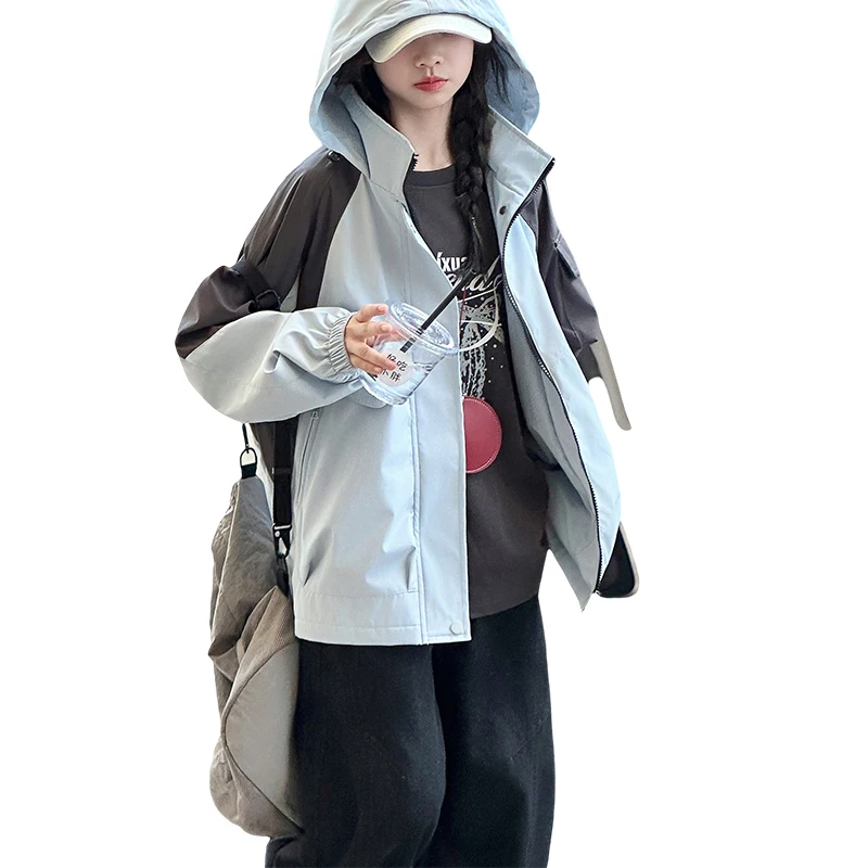 

Girl's Color Block Spliced Hooded Jacket Autumn New Loose Fit Fashion Trendy Stylish Coat for a Stunning Look