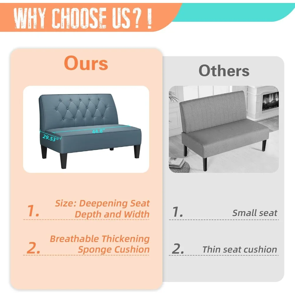 침실용 블루 러브시트 벤치 소파, 모던 쿠션형 무팔걸이 소형 러브시트 소파 인조 가죽