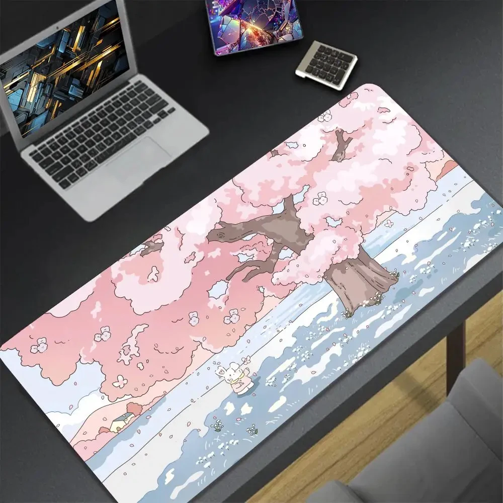 Kawaii Plant Table Mat Large Gaming Mouse Pad Winter White Cute Anime Aesthetic Cozi Lofi Plant Natural Green Extended Table Mat