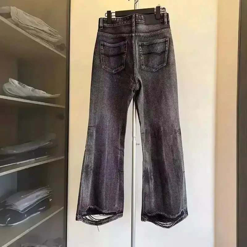 Distressed Niche Design Black Grey Micro Flared Jeans Men's Loose Trend Straight Hole Bottom Casual Denim Trousers