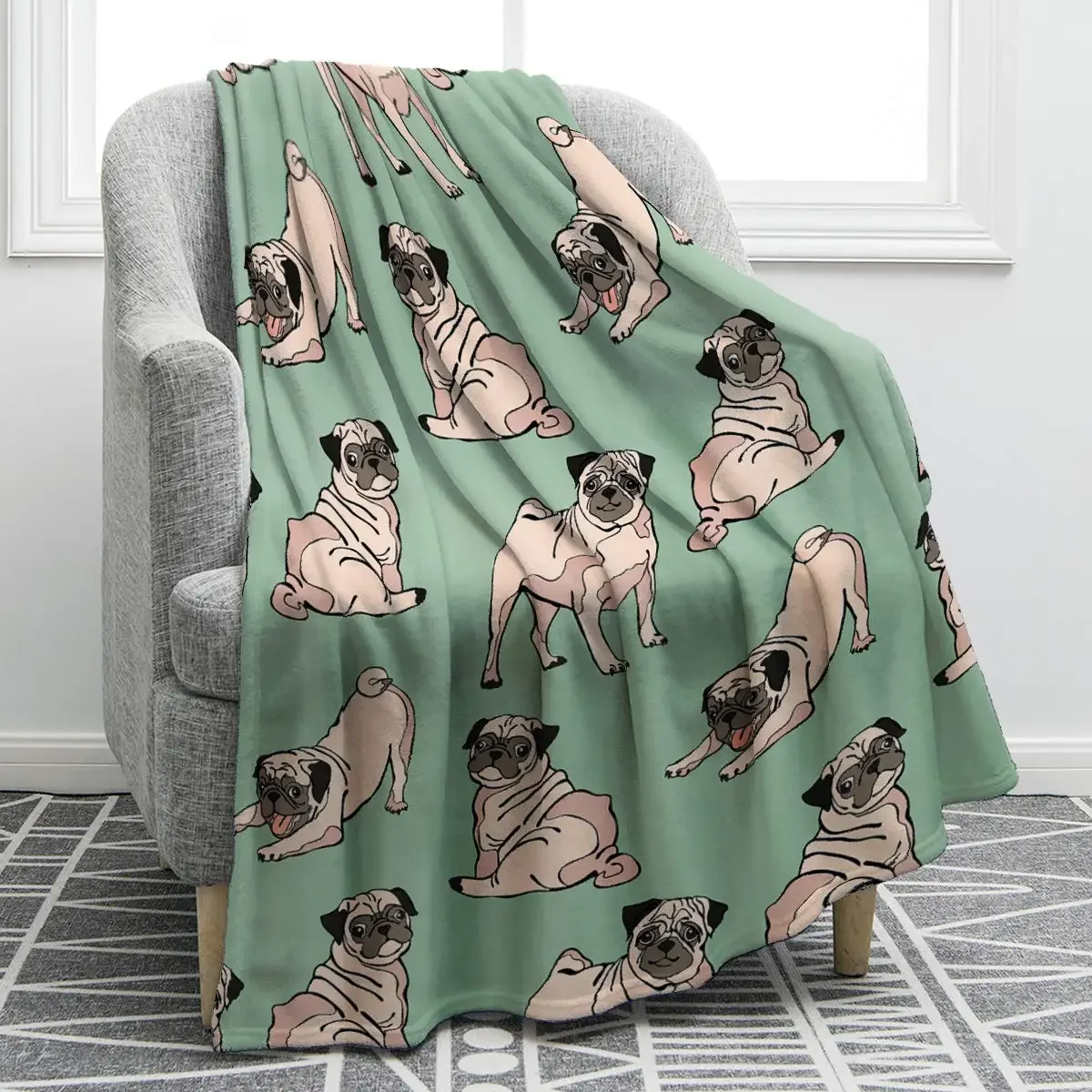 Funny Pug Dog Blanket Cartoon Smooth Soft Print Throw Blanket for Sofa Chair Bed Office Travelling Camping for Birthday Gifts