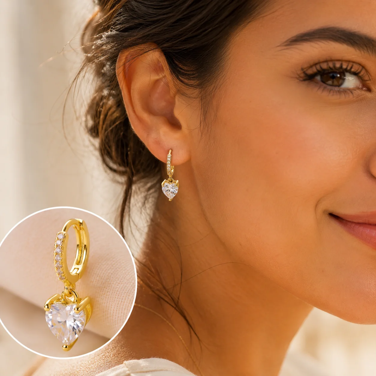 Goldfarbene Kupfer-Herz-Cubic-Zirconia-Creolen für Damen – CZ-Tropfen-Huggie-Ohrringe, romantischer Schmuck für Alltag, Party und Hochzeit