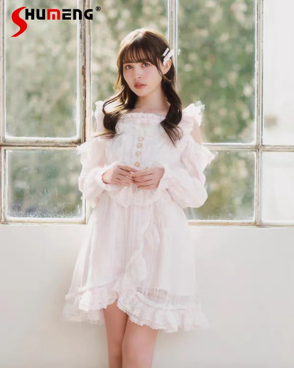 

Japanese Style Elegant Sweet Gothic Lolita Dress Off-Shoulder Long Sleeve Bow High Waist Irregular Ruffle Black Mini Dress Women