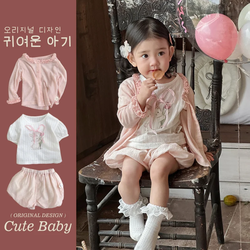 

Stylish three-piece summer outfit for girls, children's sun protection jacket, children's short-sleeve clothingtSummer shirt1Bab