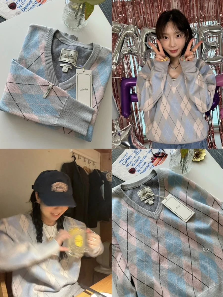 PREON classique diamant motif v-ne haut tricoté en bleu clair et rose automne hiver nouveauté femmes Faion Nylon