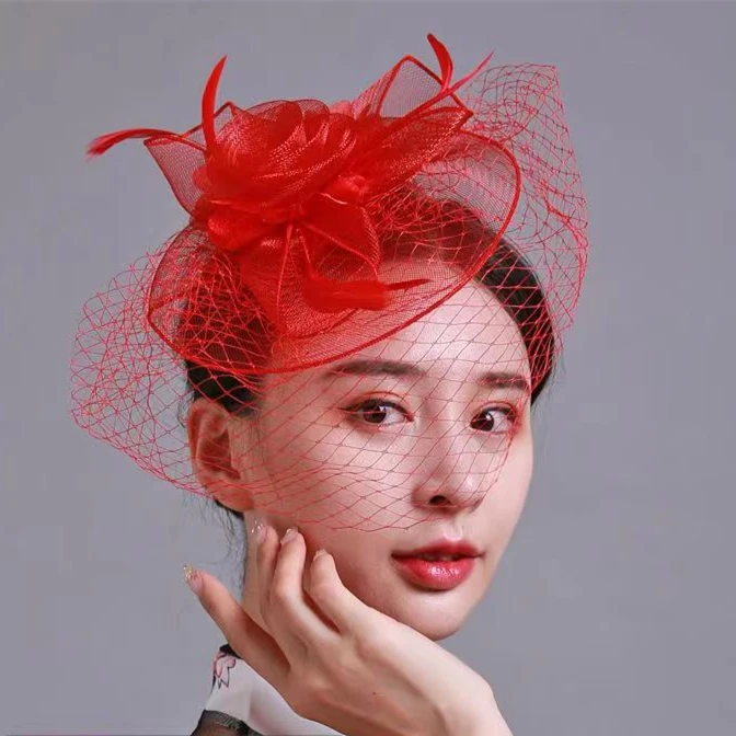 Aksesori rambut pita merah mode wanita seksi Mesh Fascinator topi pesta teh Cocktail hiasan kepala gereja pernikahan dengan kerudung