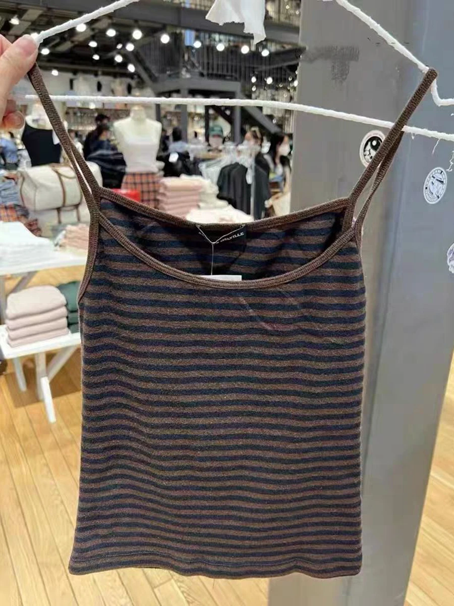 سترة نسائية كلاسيكية بنية مخططة مثيرة بدون أكمام صيفية مثيرة لعام 2023 ملابس الشارع الشهير Y2k ملابس علوية قصيرة قطنية ريترو #2