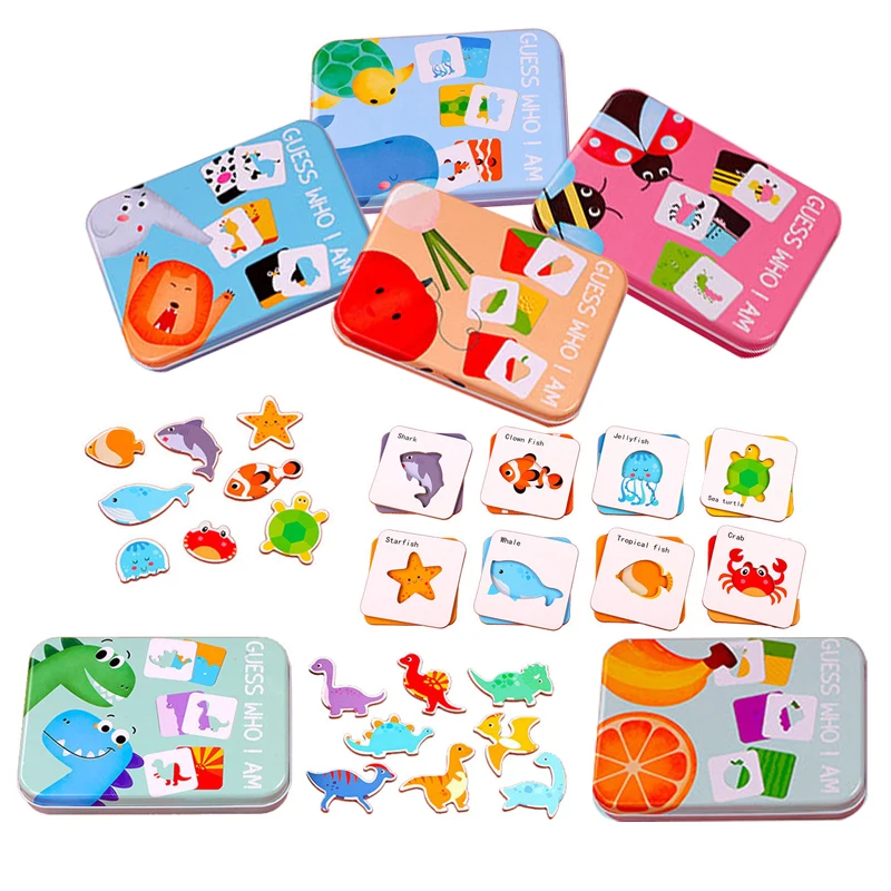 

Wooden Puzzle Kids Baby Cognitive Board Games Montessori Toys Educational Jigsaw Puzzle Cartoon Dinosaur Traffic with Iron Box