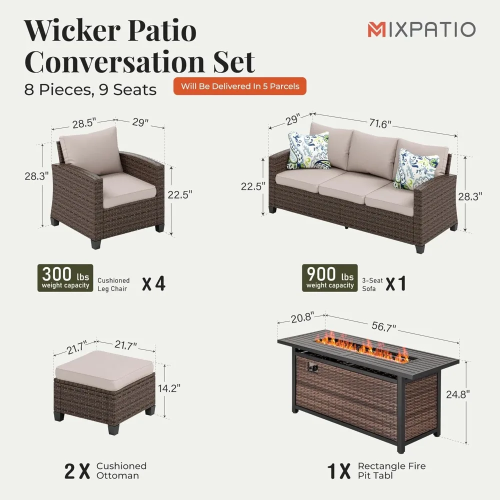 Terrassenmöbel-Set, 8-teiliges Outdoor-Freizeitset aus Rattan