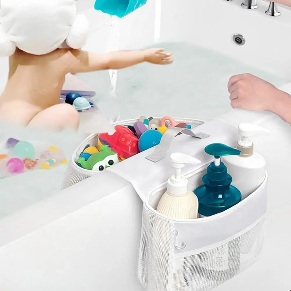 Bolsa de almacenamiento de juguetes para el baño, organizador de juguetes para el baño con 2 compartimentos, soporte de ducha de malla con forma de sillín para juguetes de baño para niños para facilitar