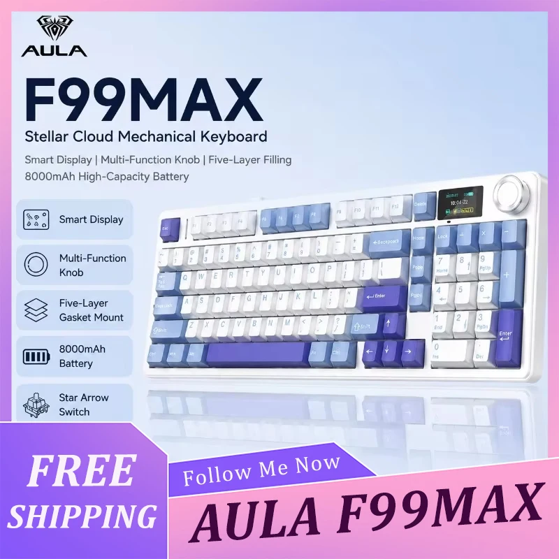AULA F99MAX Wireless Mechanical Keyboard 8000mAh Battery RGB Hot-Swappable for Gaming Desktop PC Laptop with Smart Display Knob