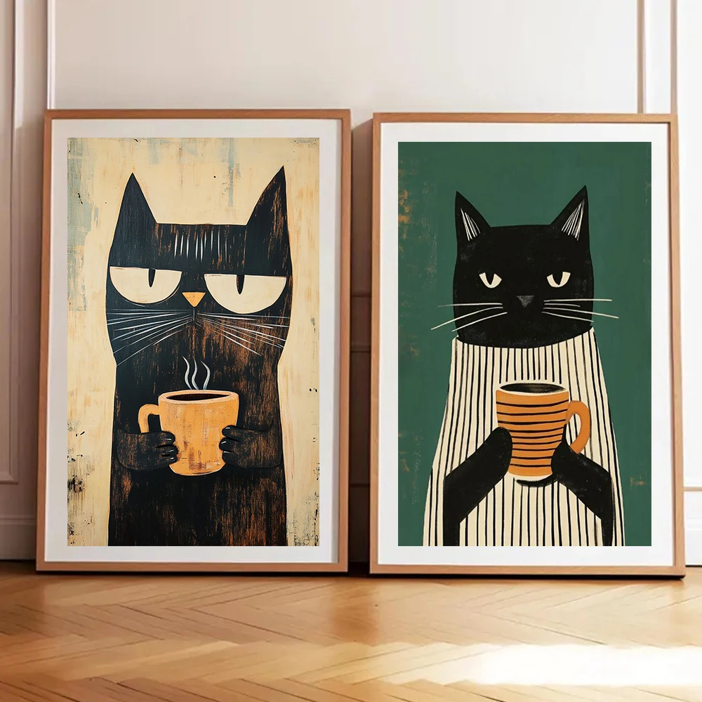 Póster caprichoso de café con bebida de gato negro para dormitorio, guardería, pintura en lienzo de animales de dibujos animados, ilustración de gato bonito, impresión de pared A
