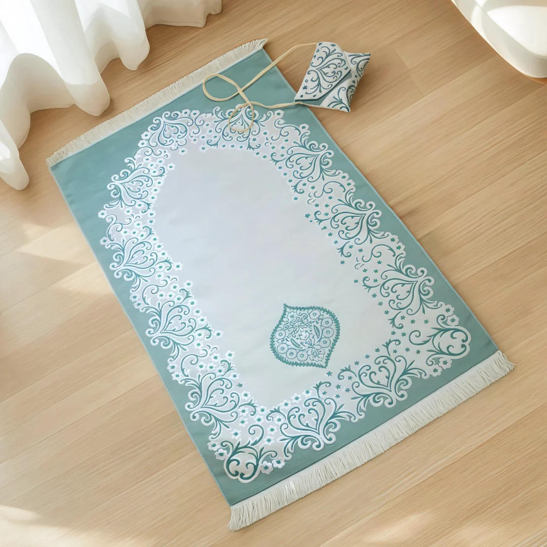 Long Adult Imitation Silk Prayer Mat with Floral Print Integrated Shoulder Bag Prayer Rug Including 99 Beads Prayer Tasbih