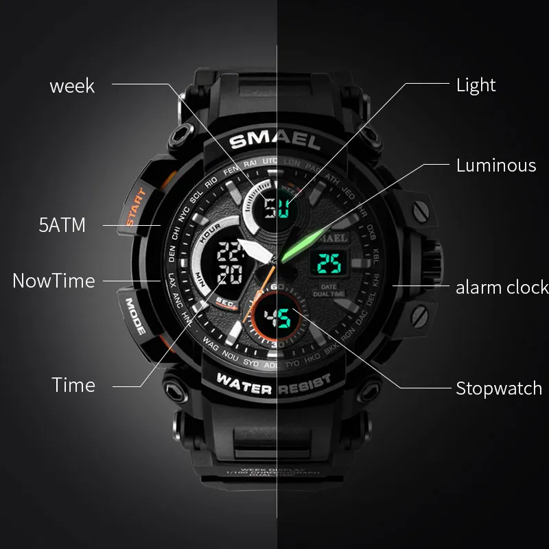 Fashion Smael Top Brand Men New Dual Time Display Male Clock Waterproof Shock Resistant Digital 1708 Military Sport Wrist Watch