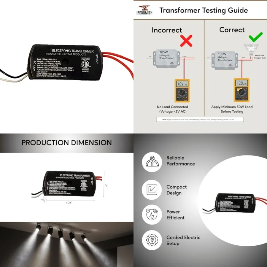 

105 Watt Dimmable Halogen Lamp Transformer - 120V Input, 12V Output, Halogen, Xenon, Krypton Type Light Bulbs Support - Short C