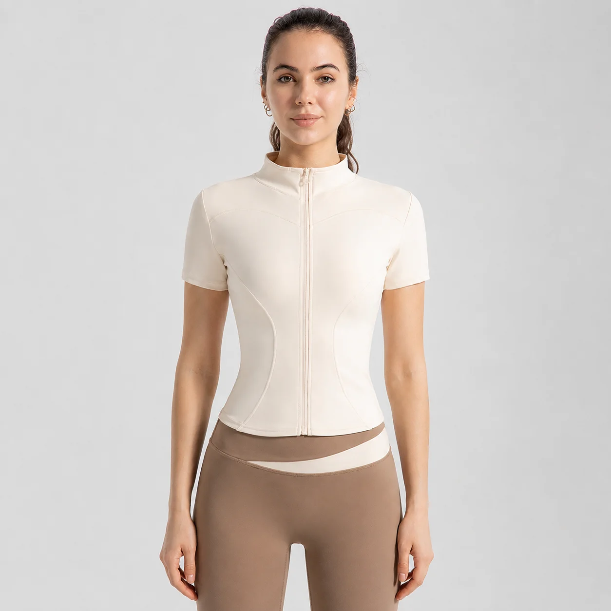 Women Short Sleeve Yoga Jacket Full Zip Mock Neck Slim Fit Quick Dry Workout Top Gym Running Cycling Activewear EOENKKY