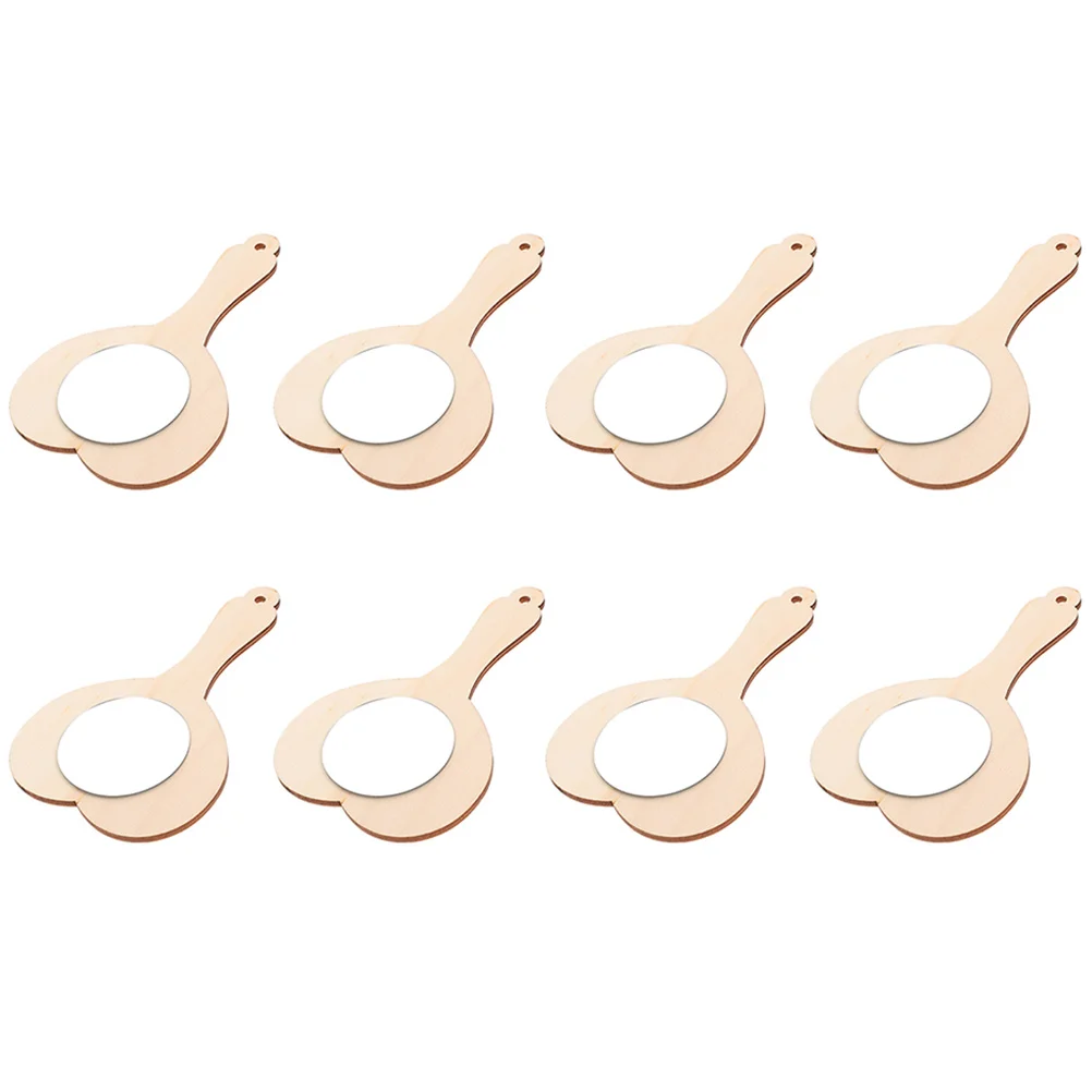 8 Pcs Small Wooden Mirror Mirrors Handle Make up DIY Travel Vanity Handheld Toddler Toys Kids Educational Plaything Blank