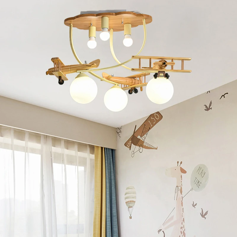 Wooden Plane Lamp Creative Airplane Chandelier Light for Nursery Room Children\'s Bedroom Ceiling Lights for Boy Kids LED E27