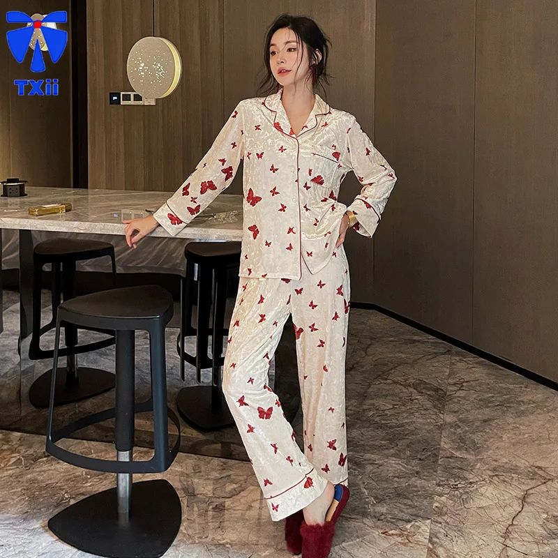 2024 New High Style Pajamas Women's Spring and Autumn Golden Velvet Long Sleeve Sweet Cardigan Outwear Home Clothes Winter