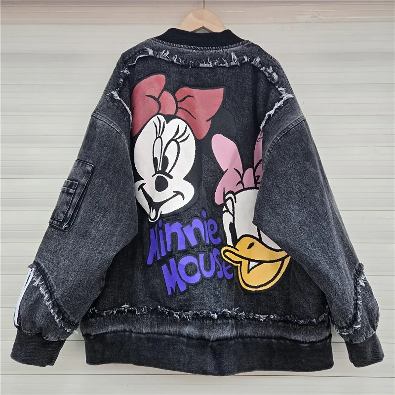 แจ็คเก็ตยีนส์ผู้หญิงทรงโอเวอร์ไซส์ลายการ์ตูนสีสันสดใส - แจ็คเก็ตสตรีทแวร์สไตล์ฮิปฮอปประดับเลื่อมงานฝีมือหนัก ปี 2025 พร้อมแผ่นเสริมทรงแบบถอดได้