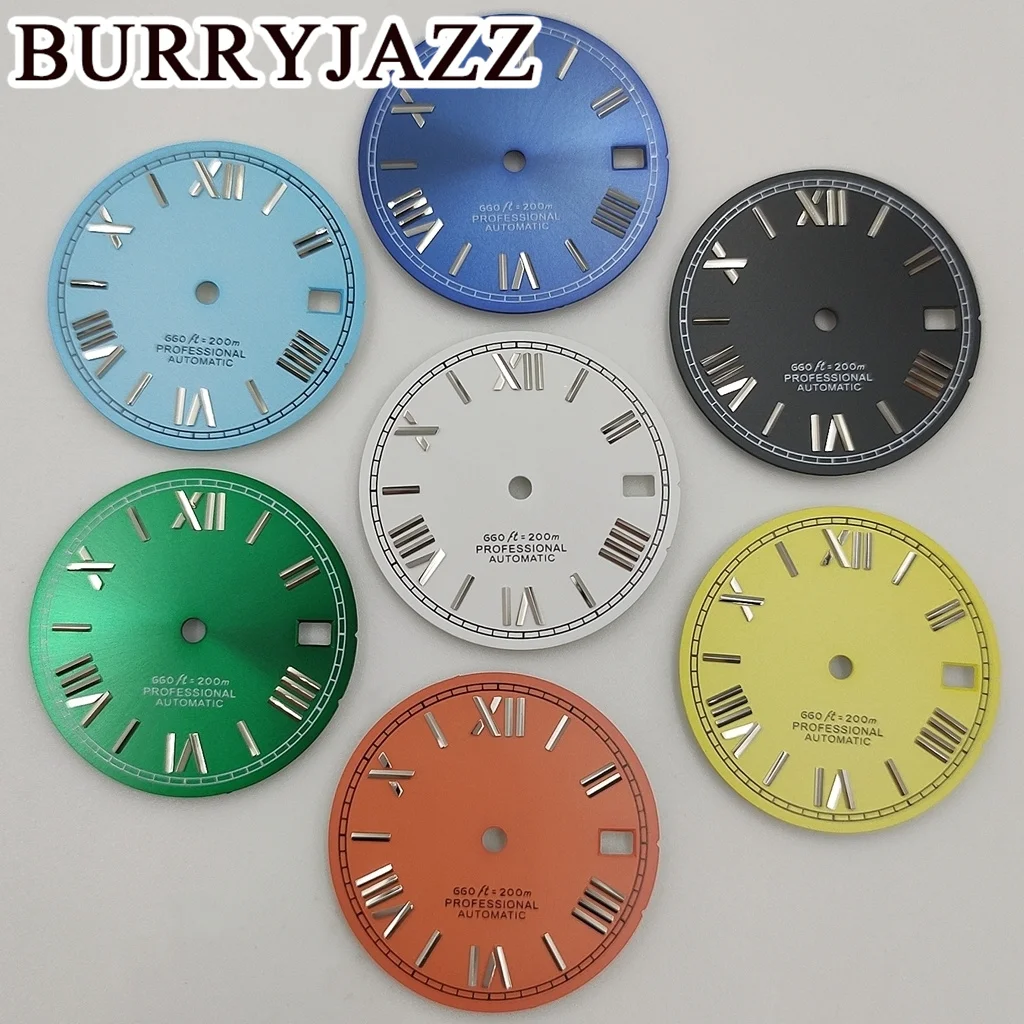 قرص ساعة من Burryjazz مضيء ، بدون شعار ، قرص أبيض أسود أزرق أخضر برتقالي ، ساعة 3: 00 ، علبة ساعة الساعه تاج ، صوفي ، NH35