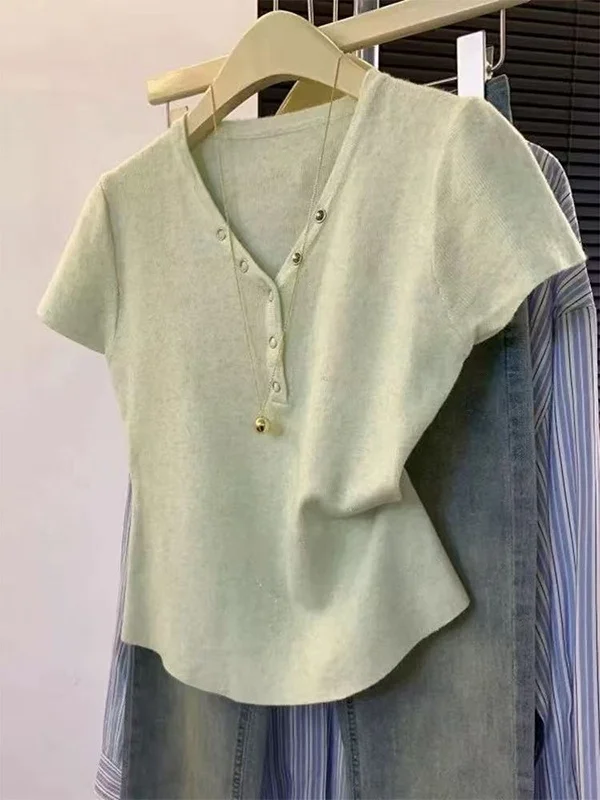 

een V-Ne Knitted Top ort Sve Women's T-irt Korean Design Sensation Youthful Simple Sle Spring Summer Cartoon Print