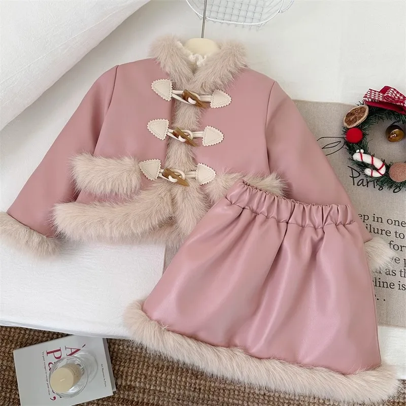 

Girls Thick Dress Clothes Sets Winter Children Leather Down Coats Skirts 2pcs Warm Suit For Baby Girl Fur Outfits Kids Dresses 7