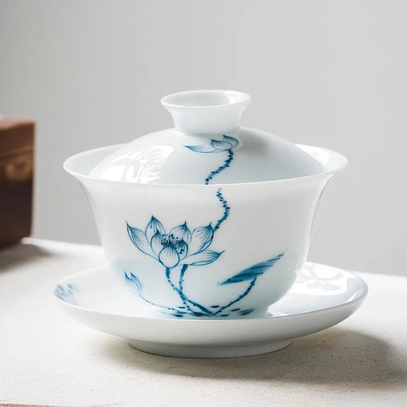 

Ручная роспись, белая фарфоровая чашка Gaiwan, одинарная Синяя лампа, питьевая Пивоваренная, в китайском стиле, антикварная, для дома и офиса, 150 мл