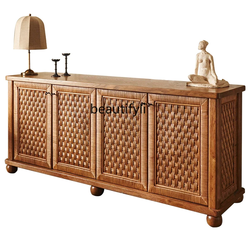 

French medieval rattan solid wood dining side cabinet American antique designer living room ash wood storage TV cabinet
