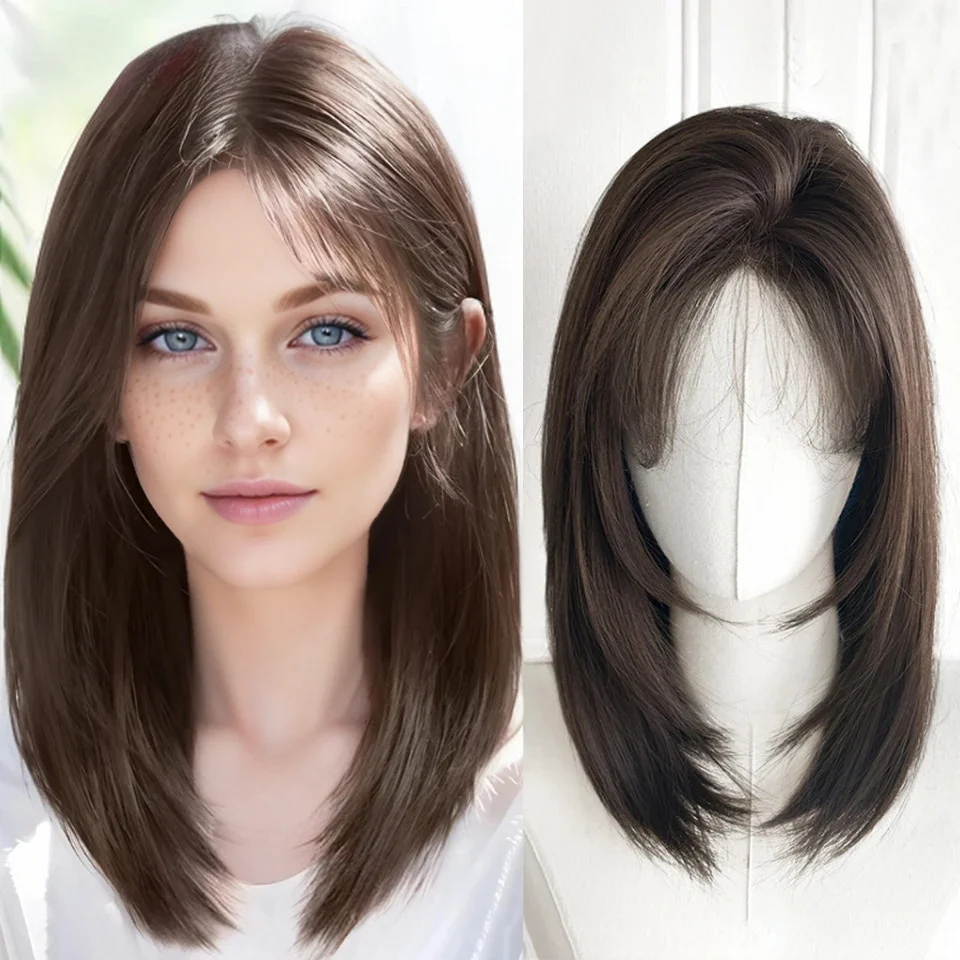 Shoulder Layered Synthetic Wig For Women Daily Use 16Inch Heat Resistant BOB Wig With Lace Front Brown Black Lolita Cosplay Wigs