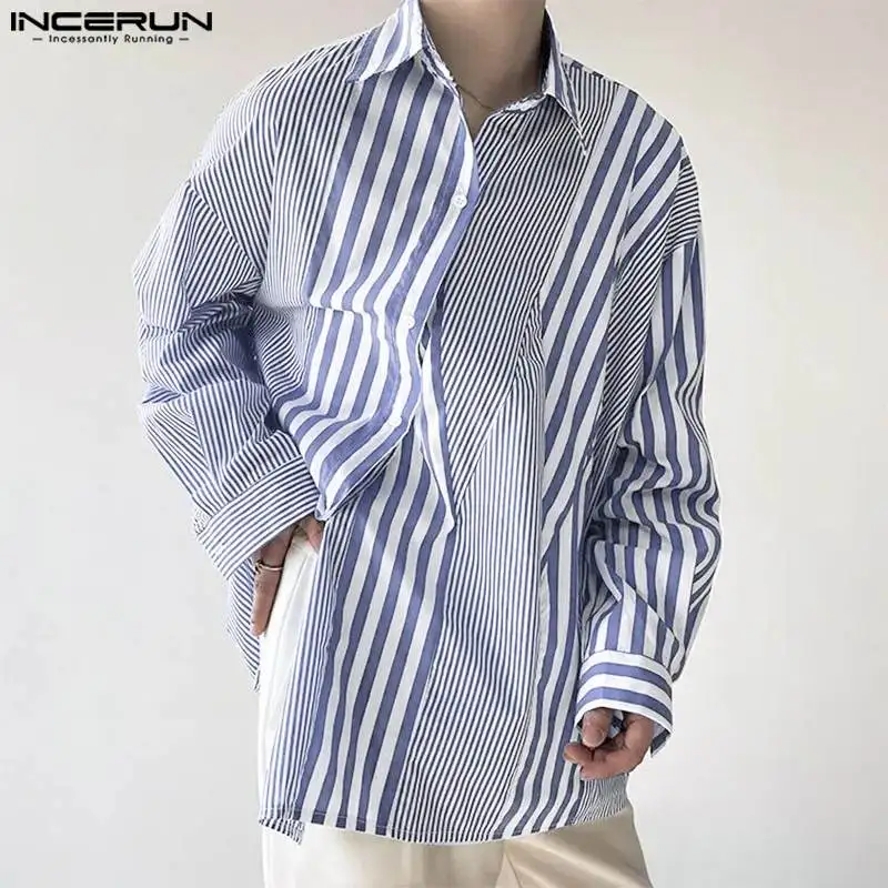 INCERUN Tops 2023 Korean Style New Men\'s Striped Patchwork Design Shirts Casual Streetwear Male Long Sleeved Lapel Blouse S-5XL