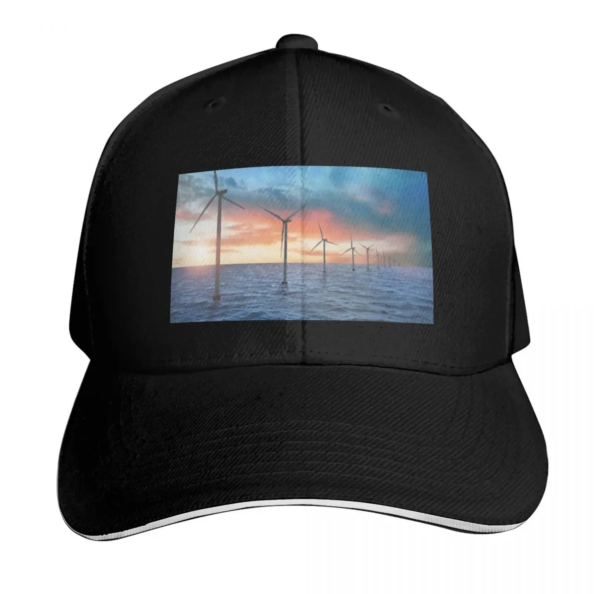 Floating wind turbines installed in sea. Alternative energy source Baseball Cap Men Women Casual Summer Sport Sun Cap