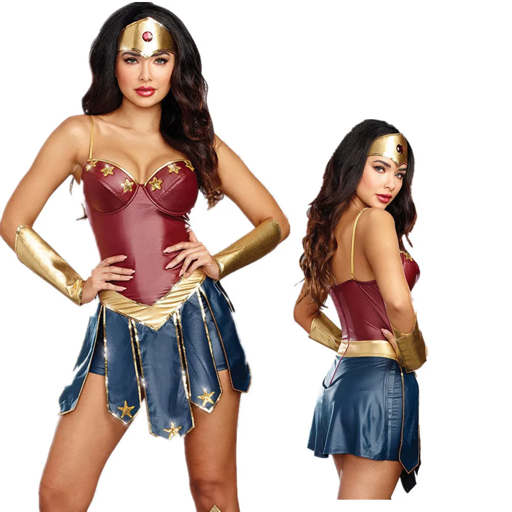 Damen Halloween Superhelden Kostüm Kleid Sexy Wonder Cosplay Outfit Leder Fancy Stage Performance Kleidung