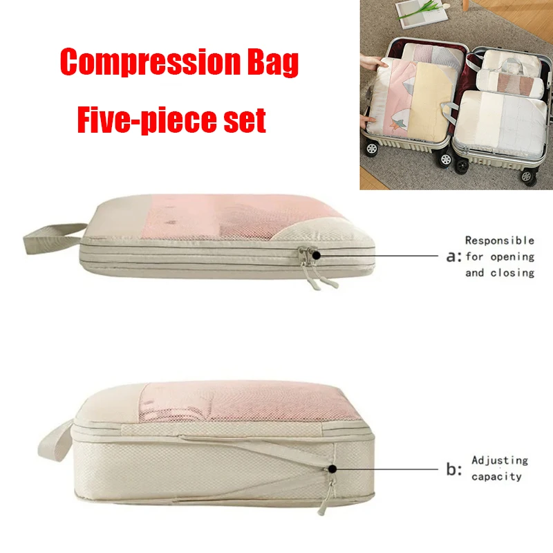 

Набор из 5 компрессионных дорожных сумок для хранения одежды, белья, туалетных принадлежностей и косметики
