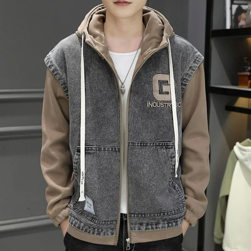 Men Contrast Colors False-Two-Piece Denim Jacket Autumn Winter Male Trendy Hooded Thicken Outwear Casual Oversized Loose Outcoat