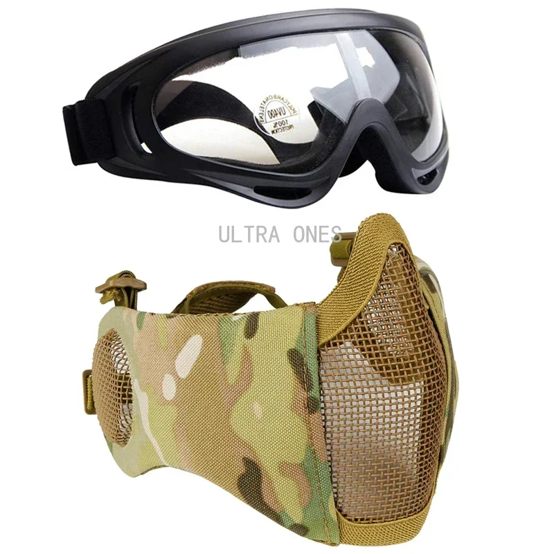 Máscara con gafas tácticas transpirables, media cara, Airsoft Cs, juego de entrenamiento, tiro, máscaras protectoras de camuflaje