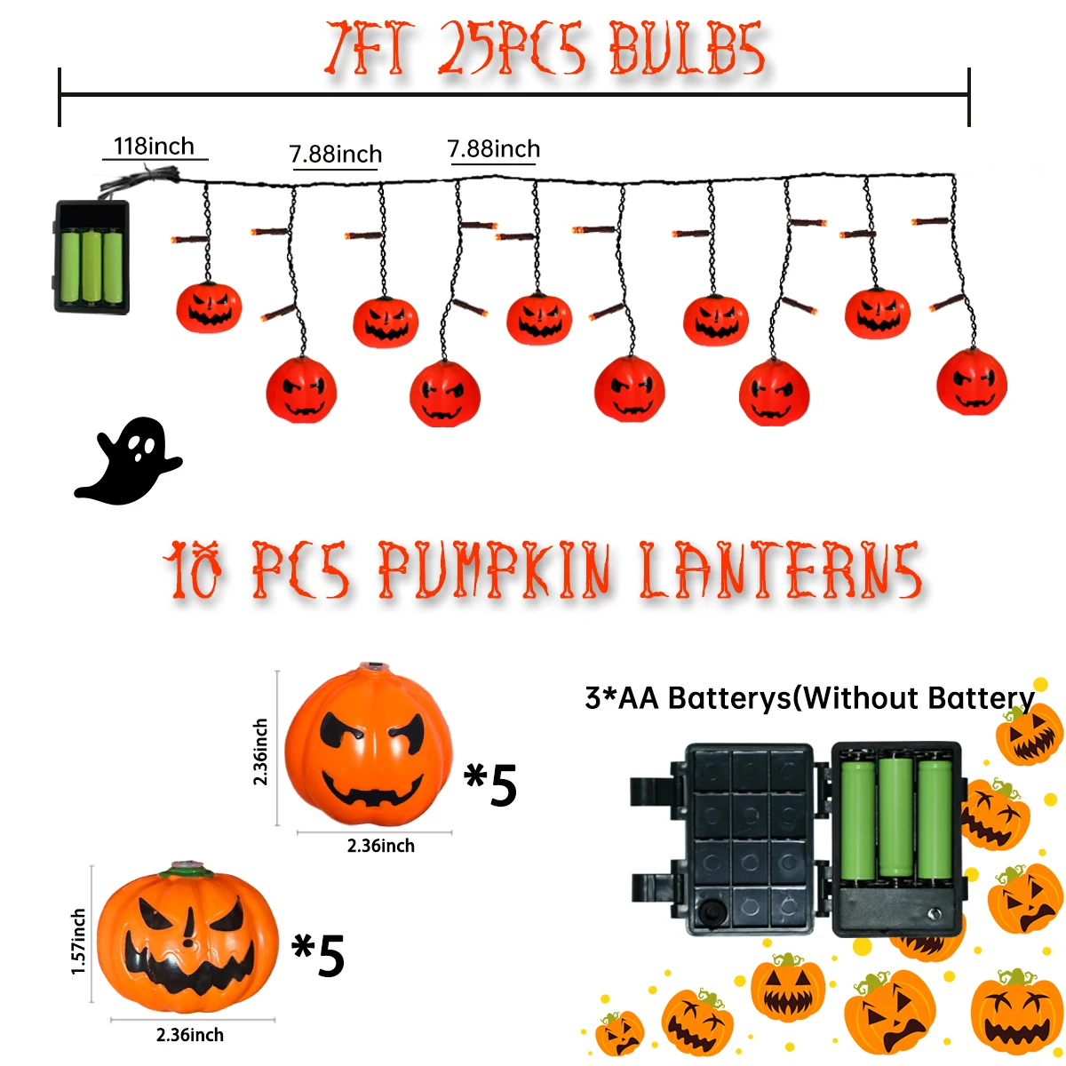 1pc LED Halloween Indoor Curtain String Lights With 10 Pumpkin and 25 Orange Mini Bulbs Ice Strip Light For Home Window Decor