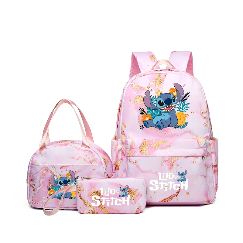 Stitch & Angel Backpack, Casual Daypack With Lunch Bag & Pencil Case, Durable School Bags With Adjustable Straps For Daily Use