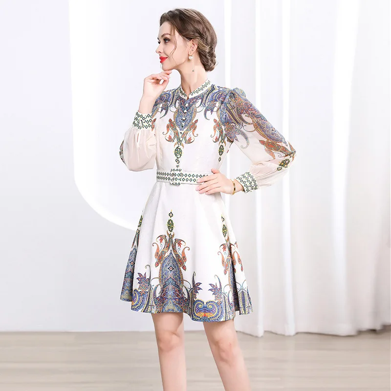 Ele Court Sle Long Sve A-Line Dr Talla pequeña Cintura alta Estampado Thiened Winter Faion Mujer Dr