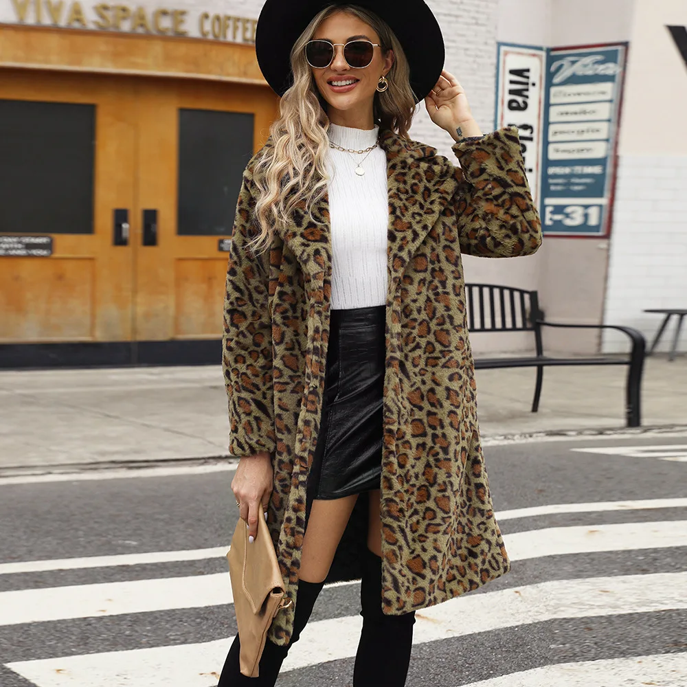 Autumn Winter Fur Coat Women Fashion Casual Square Collar Imitation Leopard Faux Fur Coat Plush Long Coat Winter Jacket 2024